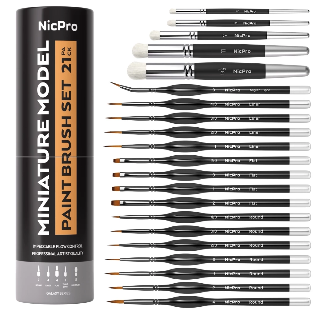 Nicpro 21 PCS Miniature Paint Brushes Drybrush - ชุดแปรงทาสีโมเดลสําหรับสีน้ําอะคริลิค, แปรงทาสีรายละเอียด แปรงแห้งสําหรับ Warhammer 40k, Citadel, โมเดล, DND Miniatures