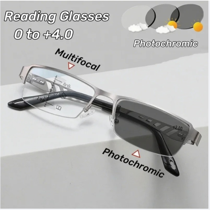Square Frame Anti Blue Light Far and Near Dual-use Presbyopia Lenses That Change Colour with The Sun Multifocal Reading Glasses for Men