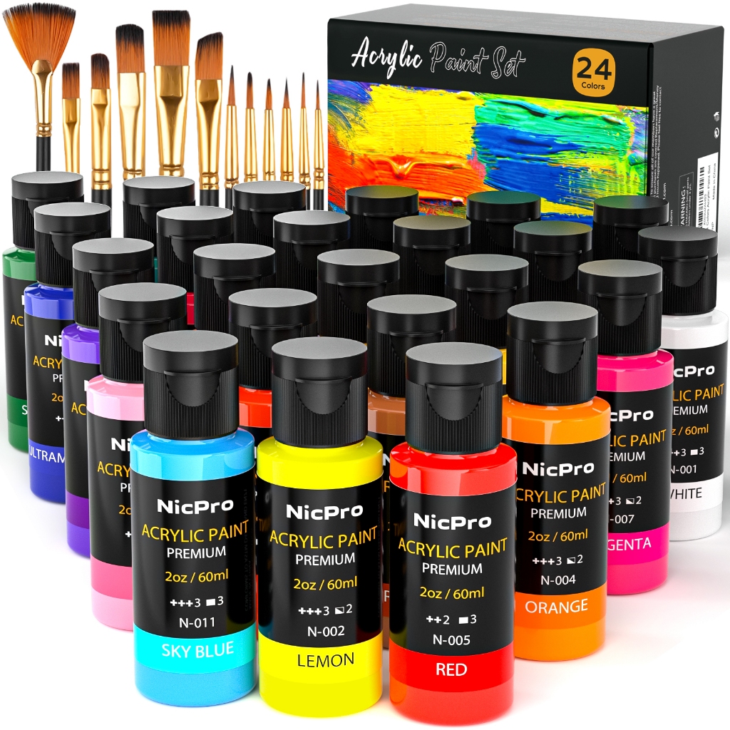 นิคโปร ชุดสีอะคริลิค 24 สี พร้อมแปรง 12 ชิ้น & จานสี ชุดอุปกรณ์ศิลปะปลอดสารพิษสําหรับจิตรกรรมผ้า ผ้าใบ ดิน ไม้ หิน & เซรามิค ฟักทองฮาโลวีน ร