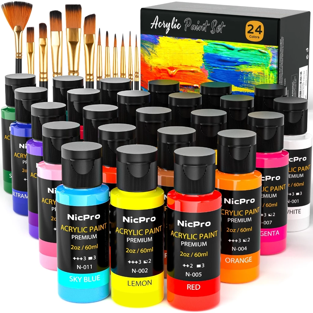 นิคโปร ชุดสีอะคริลิค,24/36สีด้วย12แปรงและจานสี,ชุดอุปกรณ์ศิลปะปลอดสารพิษสําหรับจิตรกรรมผ้า,ผ้าใบ,ดิน,ไม้,ร็อค&เซรามิก,ฟักทองฮาโลวีนเม็ดสีท