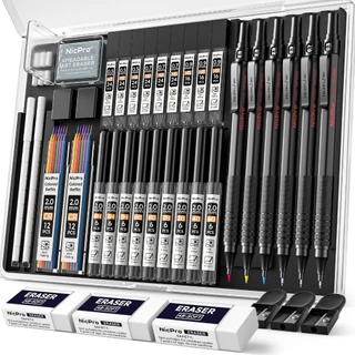 Nicpro 35 ชิ้นเงินโลหะดินสอชุดกรณี,ศิลปะร่างดินสอ 0.5, 0.7, 0.9 มม. & 3 ชิ้น 2 มม. กราไฟท์ตะกั่วผู้ถือสําหรับการวาดภาพด้วย 20 หลอดเติม