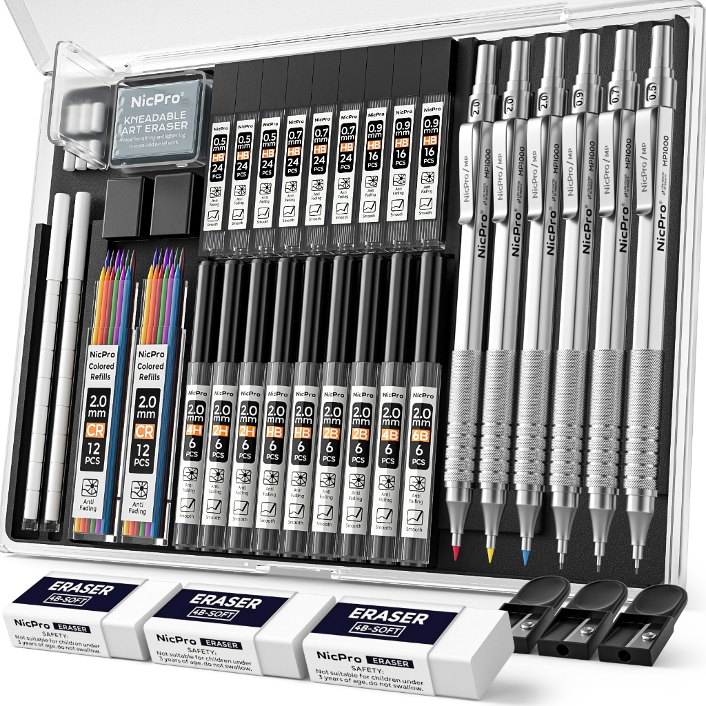 Nicpro 35 ชิ้นเงินโลหะดินสอชุดกรณี,ศิลปะร่างดินสอ 0.5, 0.7, 0.9 มม. & 3 ชิ้น 2 มม. กราไฟท์ตะกั่วผู้ถือสําหรับการวาดภาพด้วย 20 หลอดเติม