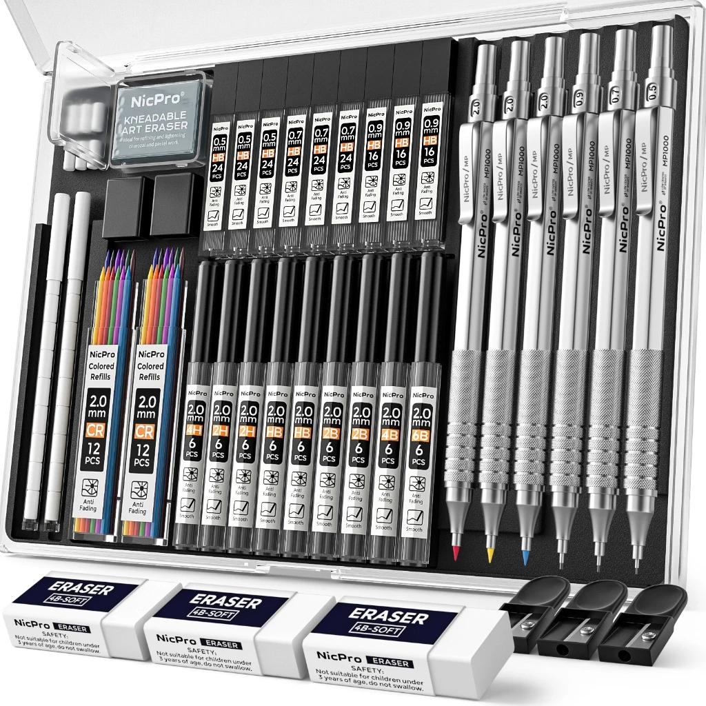 Nicpro 35 ชิ้นเงินโลหะดินสอชุดกรณี,ศิลปะร่างดินสอ 0.5, 0.7, 0.9 มม. & 3 ชิ้น 2 มม. กราไฟท์ตะกั่วผู้ถือสําหรับการวาดภาพด้วย 20 หลอดเติม