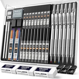 Nicpro 35 ชิ้นเงินโลหะดินสอชุดกรณี,ศิลปะร่างดินสอ 0.5, 0.7, 0.9 มม. & 3 ชิ้น 2 มม. กราไฟท์ตะกั่วผู้ถือสําหรับการวาดภาพด้วย 20 หลอดเติม