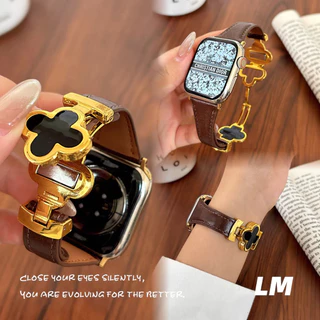 โลหะ Clover สายหนังสําหรับ iWatch Series 11 10 9 8 7 6 SE 5 4 3 ลายเสือดาว หัวล็อคแม่เหล็กแบบ Horsehair สําหรับสุภาพสตรี ขนาด 38/40/41/42/44/45 มม.