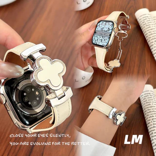 โลหะ Clover สายหนังสําหรับ iWatch Series 11 10 9 8 7 6 SE 5 4 3 ลายเสือดาว หัวล็อคแม่เหล็กแบบ Horsehair สําหรับสุภาพสตรี ขนาด 38/40/41/42/44/45 มม.