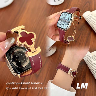 โลหะ Clover สายหนังสําหรับ iWatch Series 11 10 9 8 7 6 SE 5 4 3 ลายเสือดาว หัวล็อคแม่เหล็กแบบ Horsehair สําหรับสุภาพสตรี ขนาด 38/40/41/42/44/45 มม.