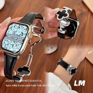 โลหะ Clover สายหนังสําหรับ iWatch Series 11 10 9 8 7 6 SE 5 4 3 ลายเสือดาว หัวล็อคแม่เหล็กแบบ Horsehair สําหรับสุภาพสตรี ขนาด 38/40/41/42/44/45 มม.