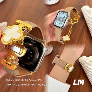 โลหะ Clover สายหนังสําหรับ iWatch Series 11 10 9 8 7 6 SE 5 4 3 ลายเสือดาว หัวล็อคแม่เหล็กแบบ Horsehair สําหรับสุภาพสตรี ขนาด 38/40/41/42/44/45 มม.