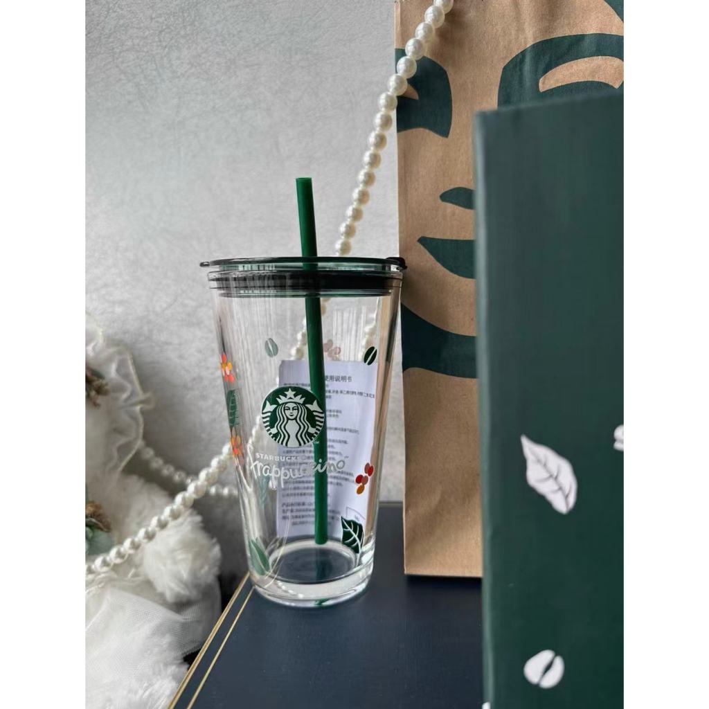 Ins Starbucks Minimalist Style 2025 สินค้าใหม่ Enjoy Small Green Leaf 450ml ถ้วยแก้วถ้วยกาแฟทนความร้อน