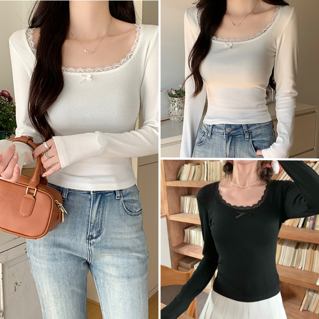 Hotgirl พร้อมส่ง เสื้อยืดผู้หญิงคอกลมตกแต่งลูกไม้แขนยาว สไตล์เกาหลีหวานและเซ็กซี่ แต่งโบว์