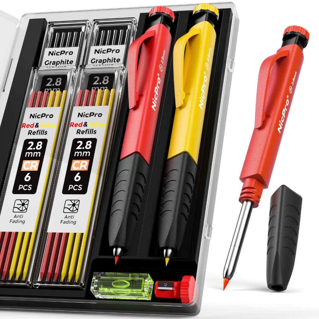 ชุดดินสอช่างไม้ Nicpro 2 Pack พร้อมที่เหลาและด้ามจับนิ้ว, ดินสองานไม้แบบกลไกพร้อมรีฟิล 26 อัน (สีแดง, ดํา, เหลือง), ปากกามาร์กเกอร์รูลึก Heavy Duty Construction Penci