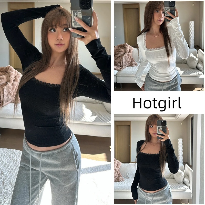 Hotgirl พร้อมส่ง เสื้อลูกไม้คอเหลี่ยมแขนยาวสำหรับคุณผู้หญิง ทรงสลิมฟิตสไตล์ฝรั่งเศส