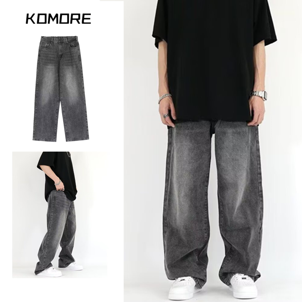 Komore กางเกงยีนส์ผู้ชายขากว้าง ทรงขาตรงหลวมๆ สีดำฟอกขาว วินเทจอเมริกัน baggy jeans ใส่สบาย เท่ๆ เข้