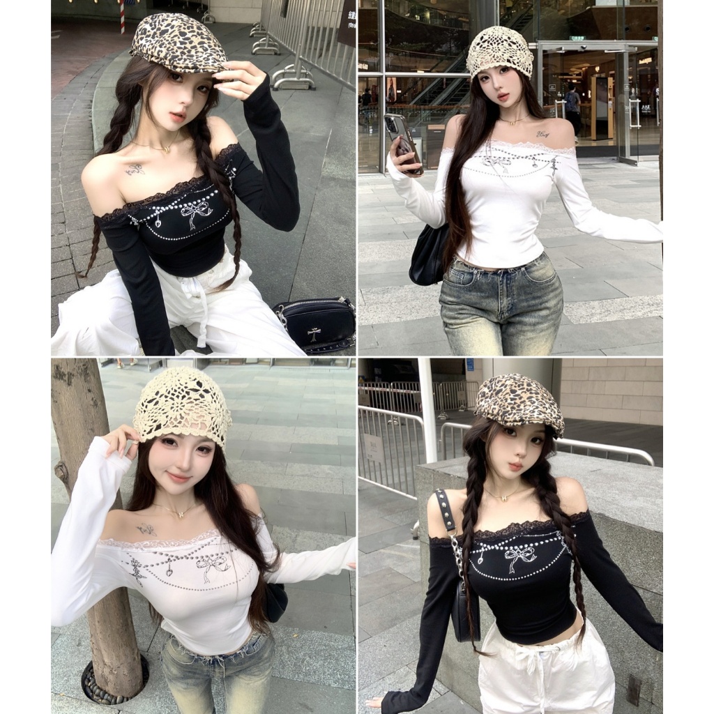 Hotgirl พร้อมส่ง เสื้อยืดแขนยาวเปิดไหล่ทรงสลิมฟิตสำหรับผู้หญิง ตกแต่งคอเสื้อด้วยลูกไม้ การออกแบบลายพิมพ์สุดเก๋ – โปรปัง