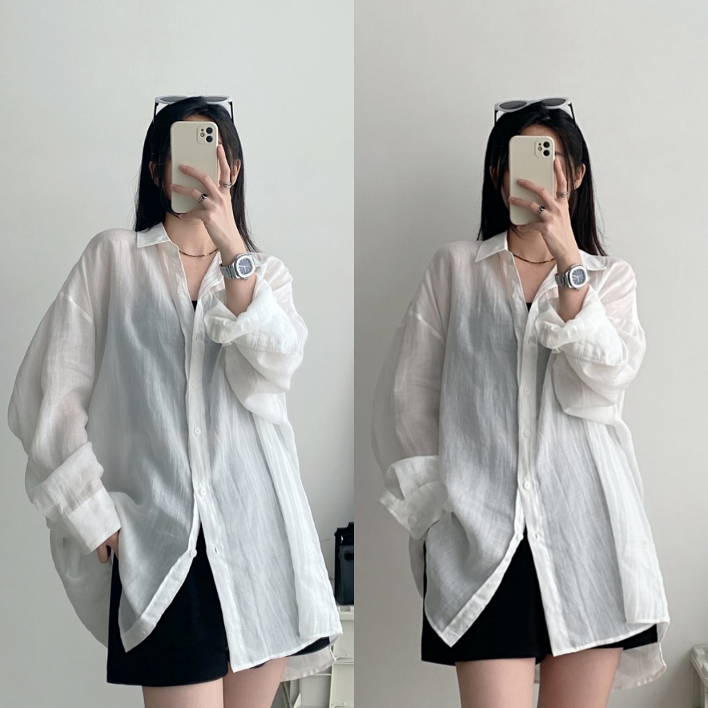 Hotgirl พร้อมส่ง เสื้อเชิ้ตสีขาวบางเบาหลวมสำหรับผู้หญิง สไตล์เกาหลีเรียบง่าย ผ้านิ่มใส่สบาย
