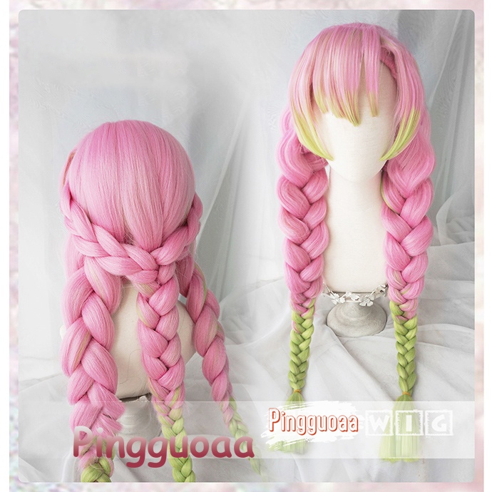 Demon Slayer Kimetsu ไม่มี Yaiba Kanroji Mitsuri คอสเพลย์วิกผม 100 ซม.ยาวสีชมพู Braided Wigs ความร้อนทนผมสังเคราะห์