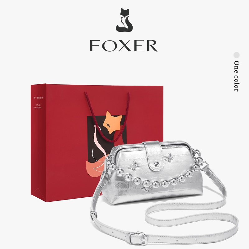 FOXER กระเป๋าสะพายข้างสำหรับผู้หญิง ทำจากหนังแท้ สีเงิน