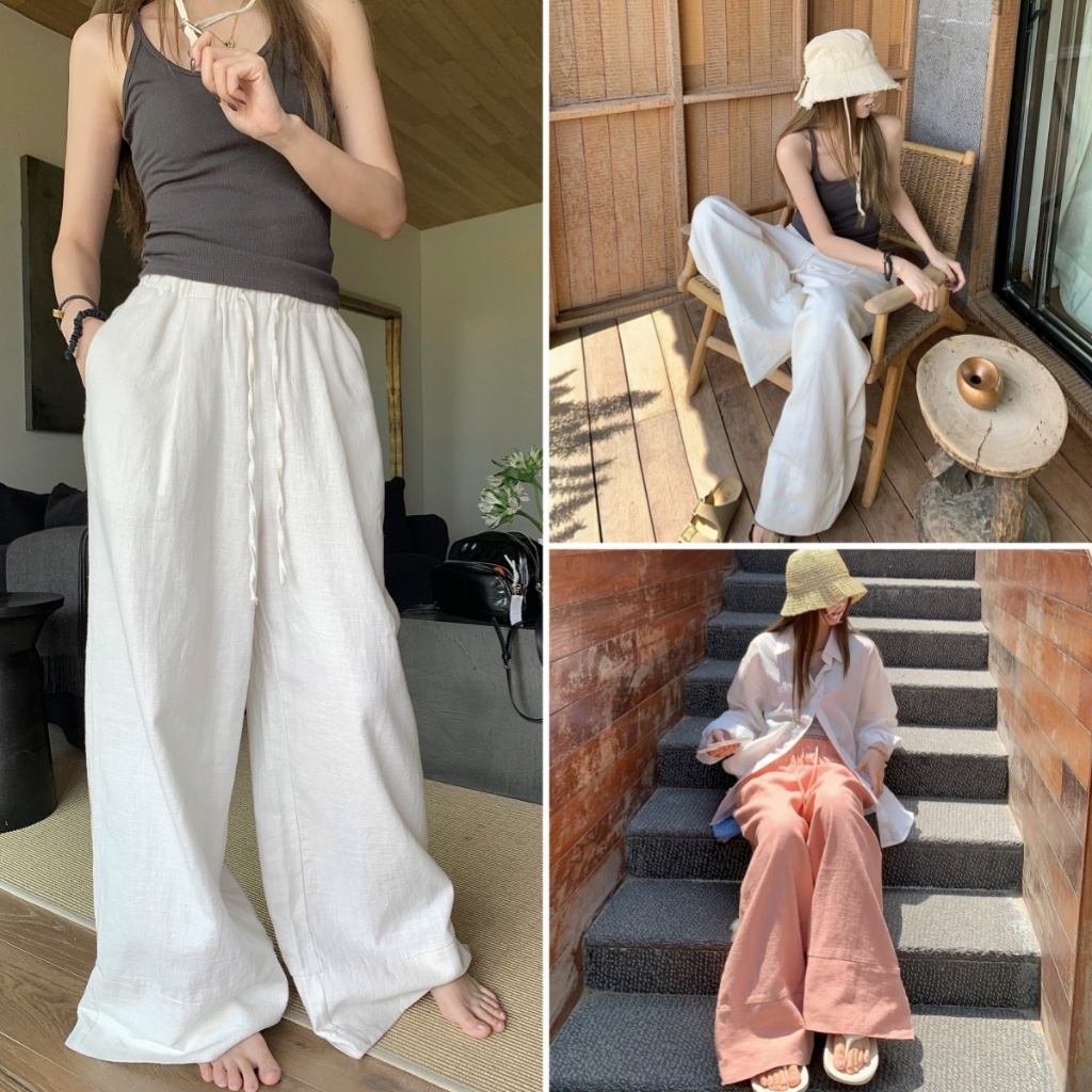 Hotgirl พร้อมส่ง กางเกงขากว้างสีพื้นแบบผูกรัดปรับได้สำหรับผู้หญิงดีไซน์แฟชั่น ลำลองหลวมๆ ผ้าคอตตอนและลินิน