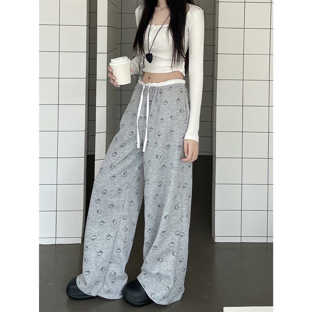 Hotgirl พร้อมส่ง กางเกงขากว้างลำลองสำหรับผู้หญิงที่ใส่สบาย ลายแมวน่ารัก แฟชั่นเกาหลีที่ทำให้ดูผอมเพรียว ราคา ถูกที่สุด ดีลบีเคเค แกลเลอรีภาพที่ 6