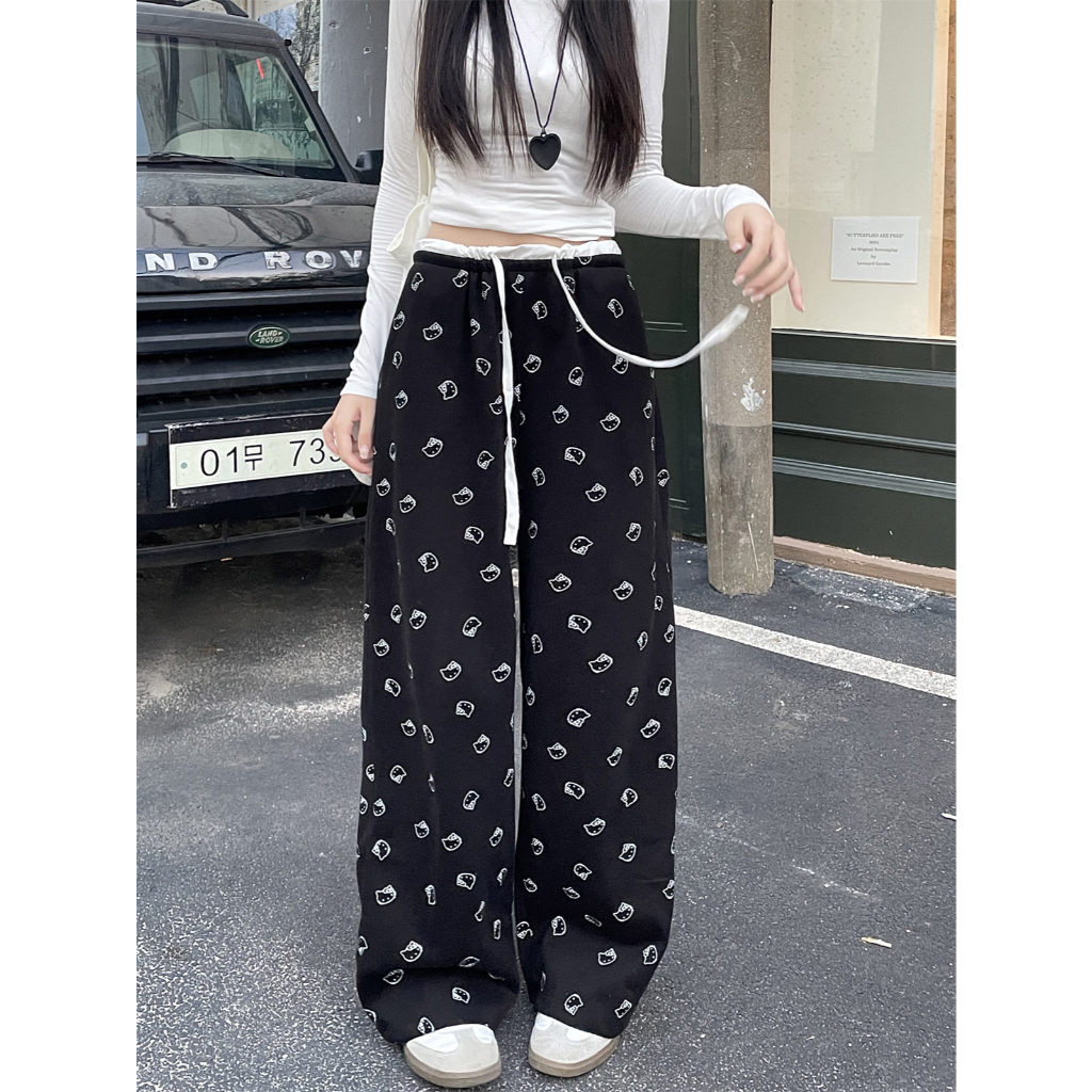 Hotgirl พร้อมส่ง กางเกงขากว้างลำลองสำหรับผู้หญิงที่ใส่สบาย ลายแมวน่ารัก แฟชั่นเกาหลีที่ทำให้ดูผอมเพรียว ราคา ถูกที่สุด ดีลบีเคเค แกลเลอรีภาพที่ 3