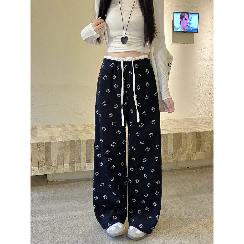Hotgirl พร้อมส่ง กางเกงขากว้างลำลองสำหรับผู้หญิงที่ใส่สบาย ลายแมวน่ารัก แฟชั่นเกาหลีที่ทำให้ดูผอมเพรียว ราคา ถูกที่สุด ดีลบีเคเค แกลเลอรีภาพที่ 5