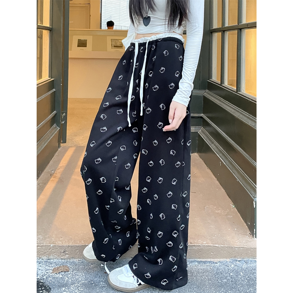 Hotgirl พร้อมส่ง กางเกงขากว้างลำลองสำหรับผู้หญิงที่ใส่สบาย ลายแมวน่ารัก แฟชั่นเกาหลีที่ทำให้ดูผอมเพรียว ราคา ถูกที่สุด ดีลบีเคเค แกลเลอรีภาพที่ 9