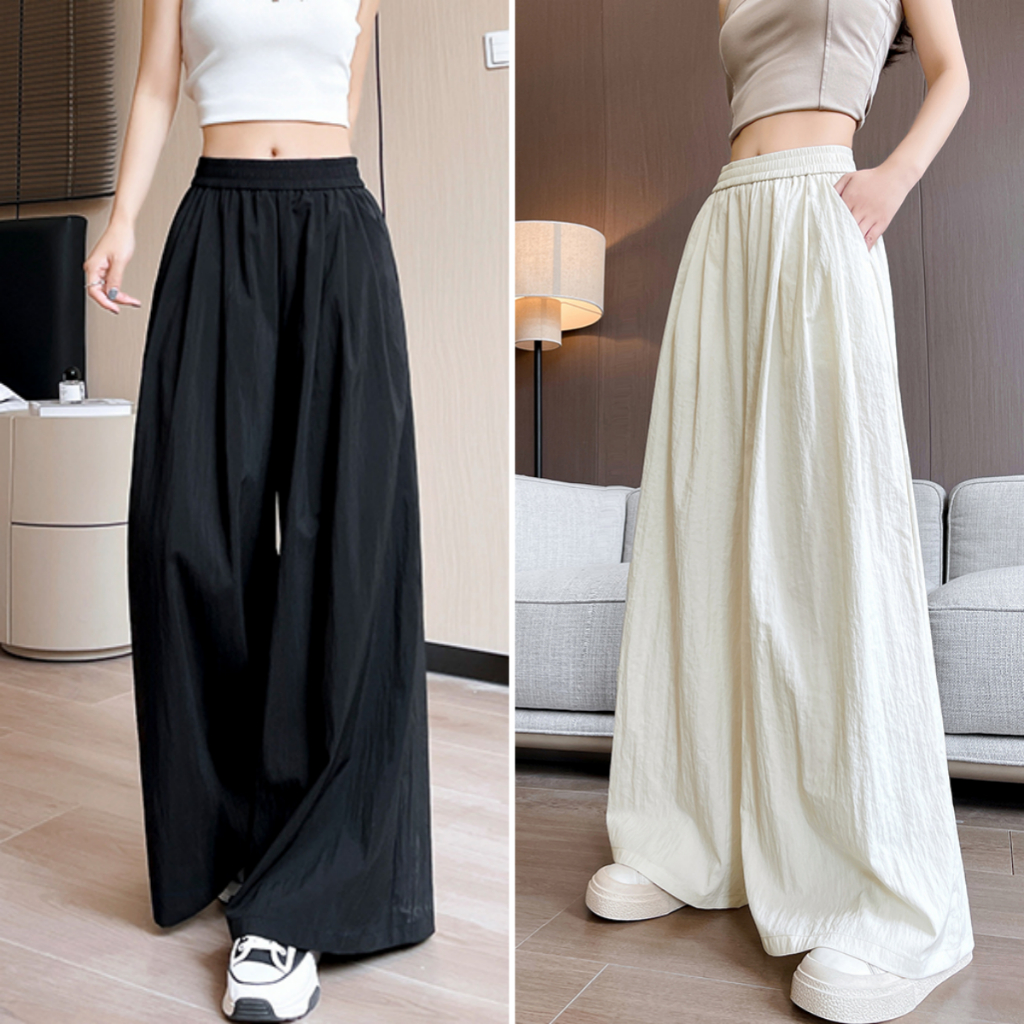 Hotgirl พร้อมส่ง กางเกงแฟชั่นสตรีทรงขากว้างเอวสูงสไตล์เกาหลี เอวยางยืด เนื้อผ้าอย่างดี