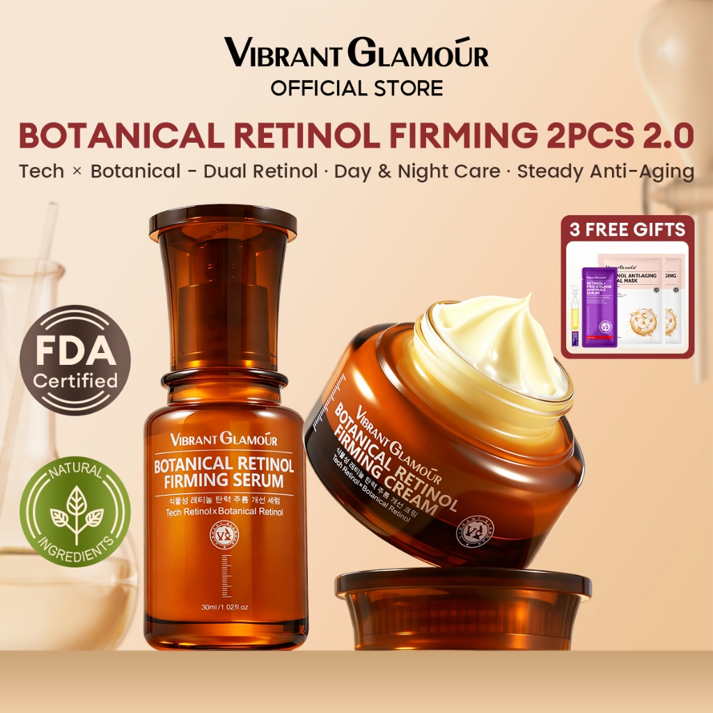 VIBRANT GLAMOUR Botanical Retinol Firming Set 2.0 ลดริ้วรอย 5 ประการ & แก้ไขปัญหาริ้วรอย 6 ประการ | ซ่อมแซมผิวบอบบาง | กิจวัตรกลางวันและกลางคืน | ซ่อมแซม • ให้ความชุ่มชื้น • เติมคอลลาเจน