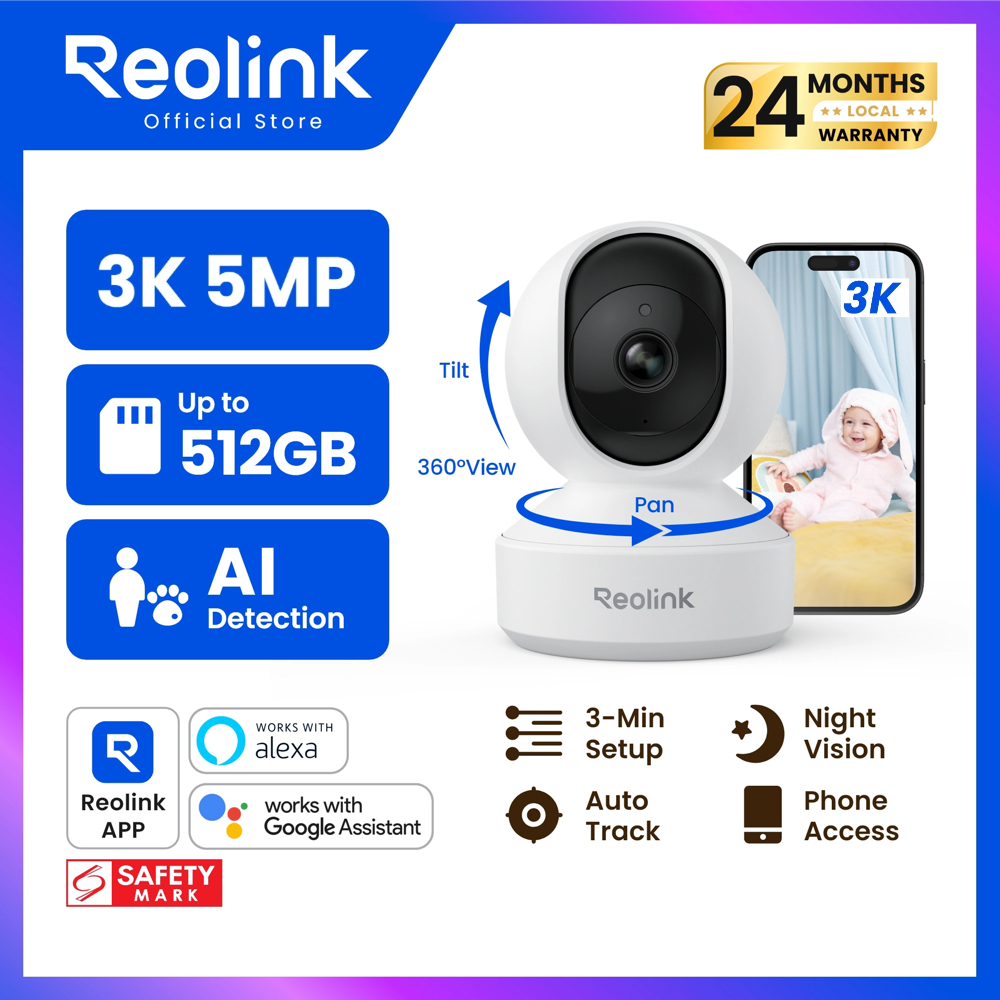 Reolink E1 Pro กล้องในบ้าน 5MP หมุนเอียงได้ ติดตามอัตโนมัติ ดูแลเด็ก/สัตว์เลี้ยง WiFi คู่