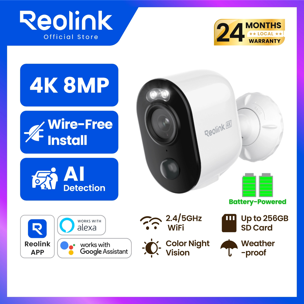 Reolink กล้องแบตเตอรี่ 4K กันน้ำ พลังงานต่อเนื่อง WiFi 5G/2.4GHz ตรวจจับอัจฉริยะ ดูภาพสีกลางคืน