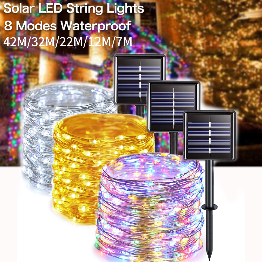 102M/42M/32M 400/300 leds สายไฟพลังงานแสงอาทิตย์ 1 ชุดลวดทองแดง 8 โหมดกันน้ํากลางแจ้ง, ไฟเทพนิยาย, ไฟคริสต์มาส, ใช้สําหรับสวนกลางแจ้ง