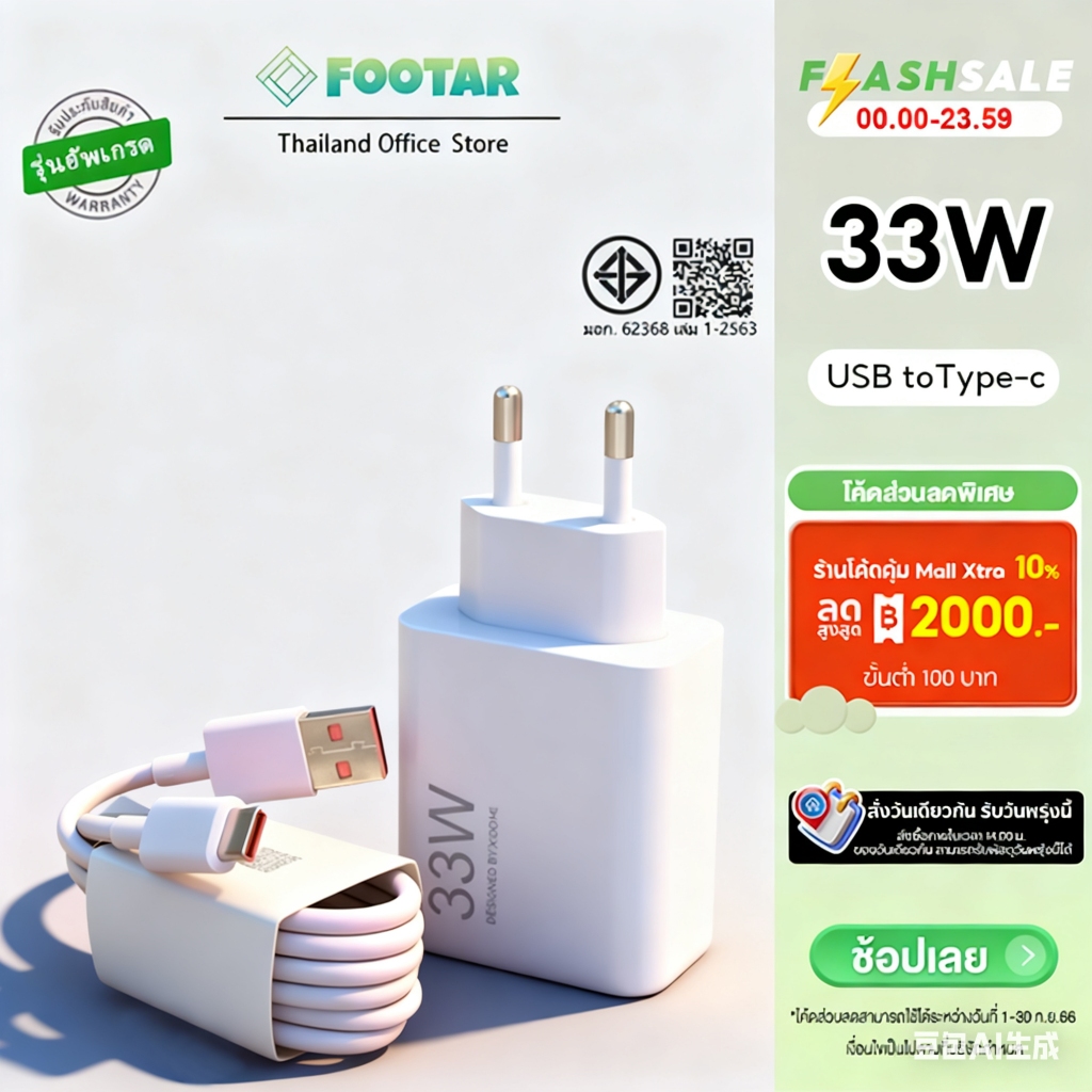 ชุดชาร์จ 33W หัวชาร์จ Type-C + สาย 6A | ชาร์จเร็วสูงสุด ด้วยสายคุณภาพรับกระแสไฟสูง