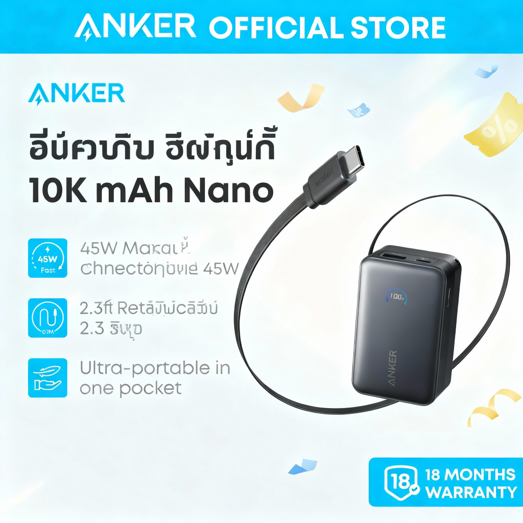 [NEW]Anker Nano Power Bank, เครื่องชาร์จพกพา 10,000mAh พร้อมสายหด InstaCord 2.3 ฟุต, ชุดแบตเตอรี่ขนาดกะทัดรัด 45W, จอแสดงผลอัจฉริยะ, สําหรับ iPhone 17 Pro /16/15 Series, iPad, Galaxy, Pixel