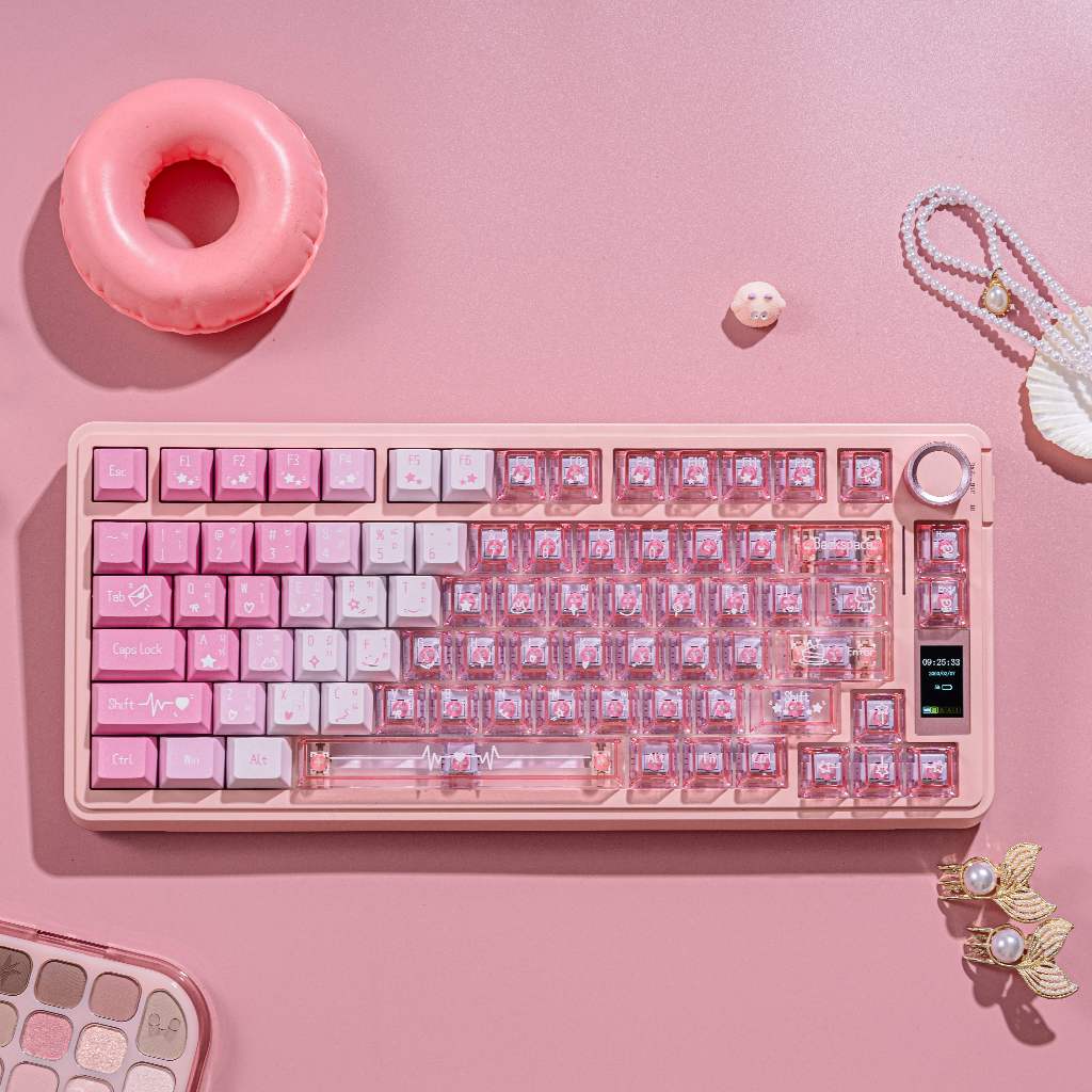 AULA S75 Pro ไทยคีย์บอร์ดไร้สายสตรอเบอร์รี่ Heartbeat PBT + PC Keycaps 3 โหมดแบบมีสาย/บลูทูธ/2.4G กา