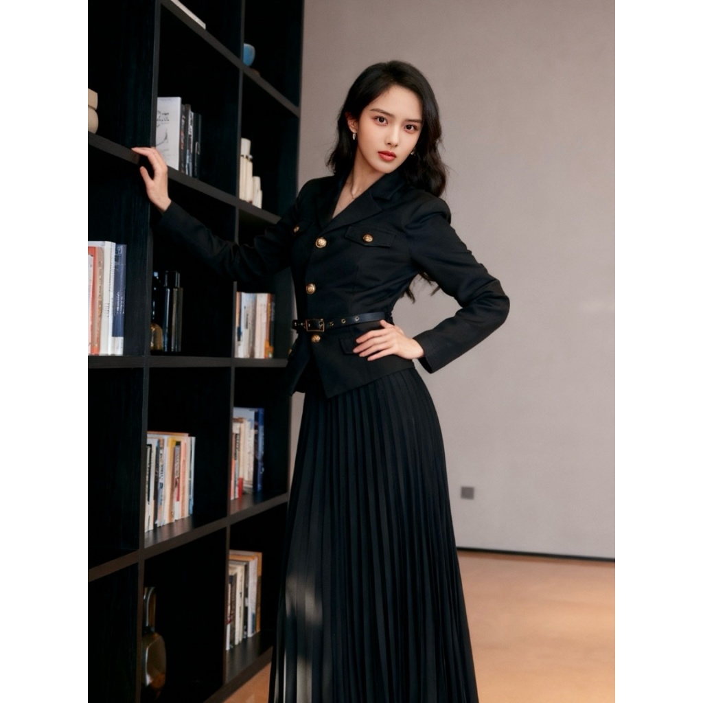 2025 เสื้อแจ็คเก็ตสีดําแขนยาวผู้หญิงล่าสุดและกระโปรง Maxi Size:S-XXL kYh