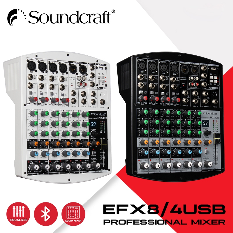 Soundcraft EFX8/4USB Mixer, บลูทูธ USB 8 ช่อง, พร้อมเอฟเฟกต์ DSP Reverb, ฟังก์ชั่นที่สมบูรณ์, เหมาะส