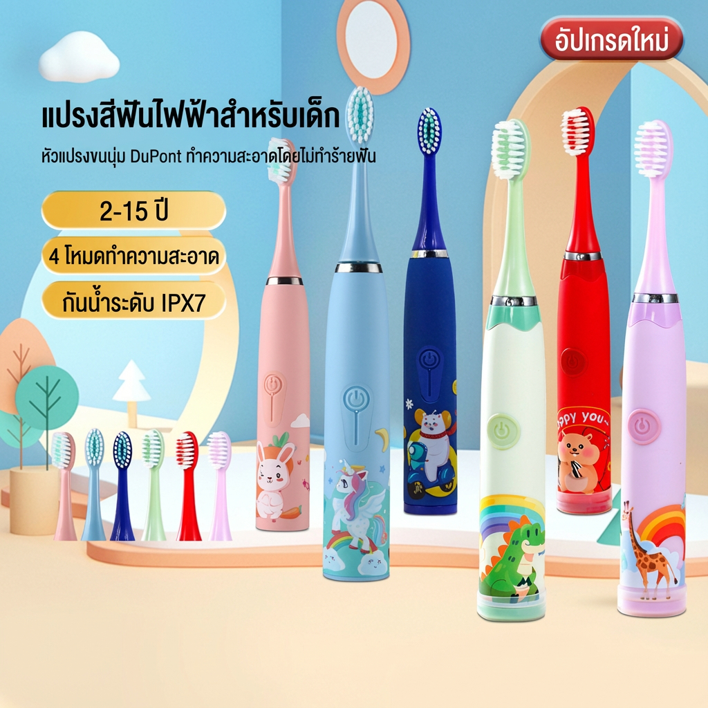 แปรงสีฟันไฟฟ้าแบบชาร์จไฟกันน้ําสําหรับเด็กอายุ 3-15 – ขนแปรงนุ่มมอเตอร์เงียบอายุการใช้งานแบตเตอรี่ยาวนาน – เหมาะสําหรับฟันที่ส