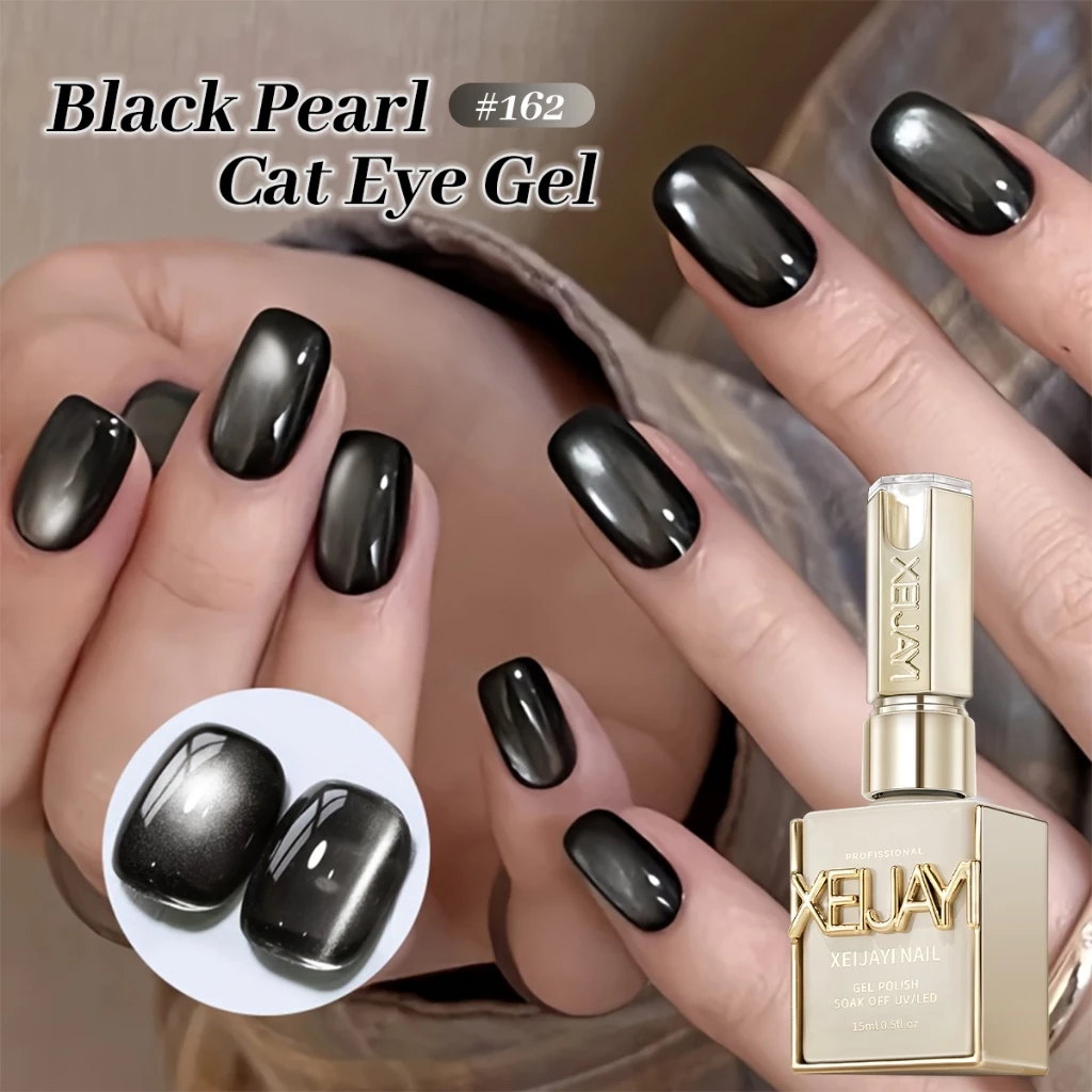 XEIJAYI 15ml ยาทาเล็บเจลตาแมวไข่มุกสีดําสไตล์ใหม่เหมาะสําหรับร้านทําเล็บและครอบครัว DIY