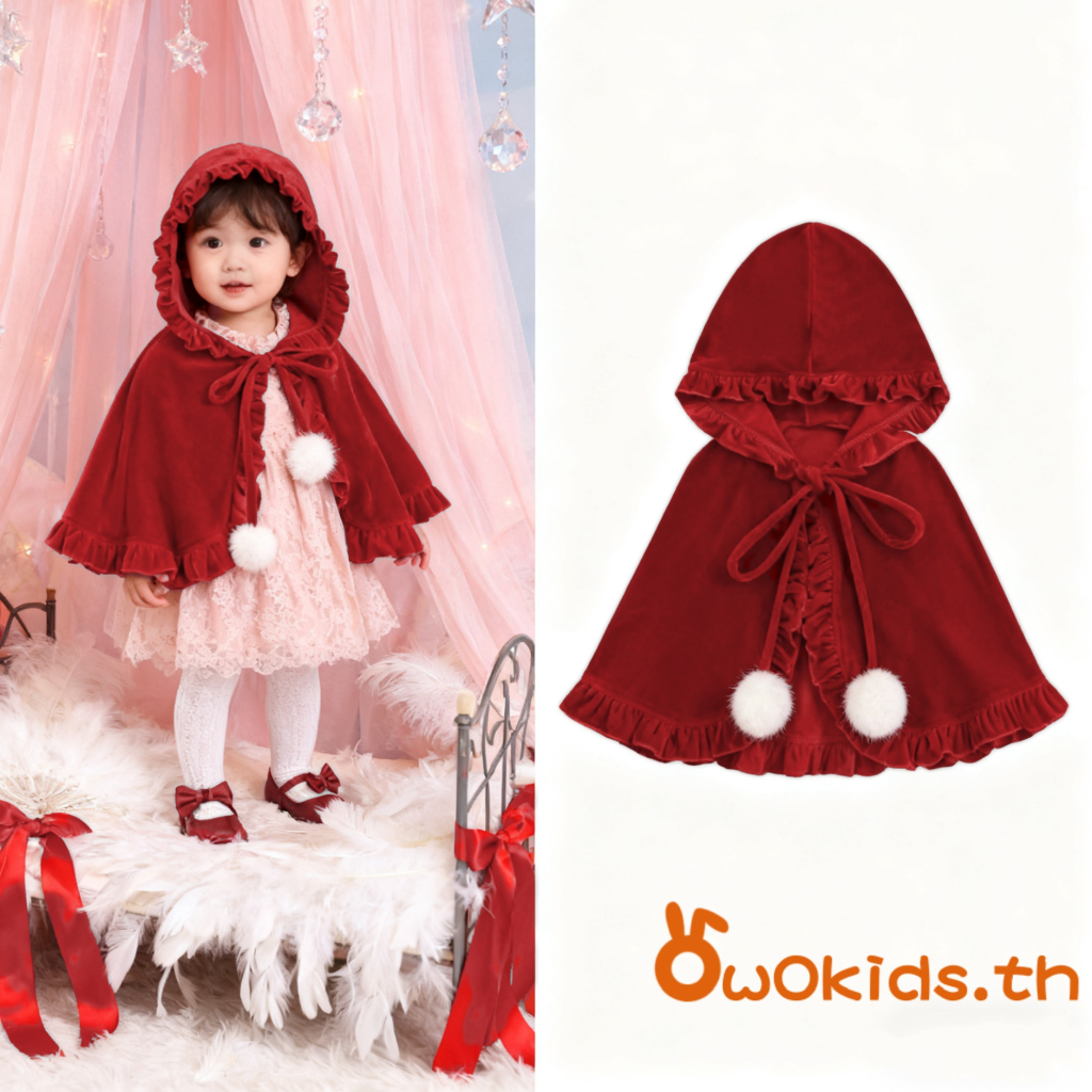 【ส่งจากไทย】​เสื้อคลุมแบบฮู้ดน่ารักสำหรับเด็กหญิงวัย 1-5 ขวบ มีเชือกร้อยและขอบฟริลลัส พร้อมลูกตุ๊กตาสำหรับงานปาร์ตี้คริสต์มาส