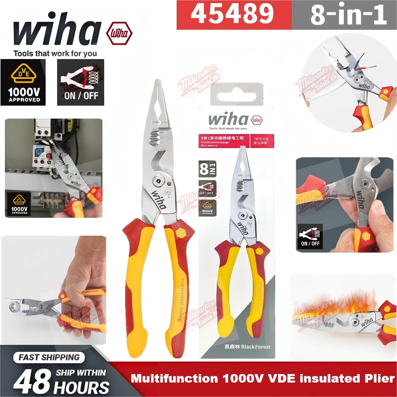 🔥Wiha 45489 คีม คีมตัดไฟฟ้ามัลติฟังก์ชั่น คีมช่างไฟฟ้า 8-in-1 มัลติฟังก์ชั่น VDE-tested ฉนวนคีมปอกลว