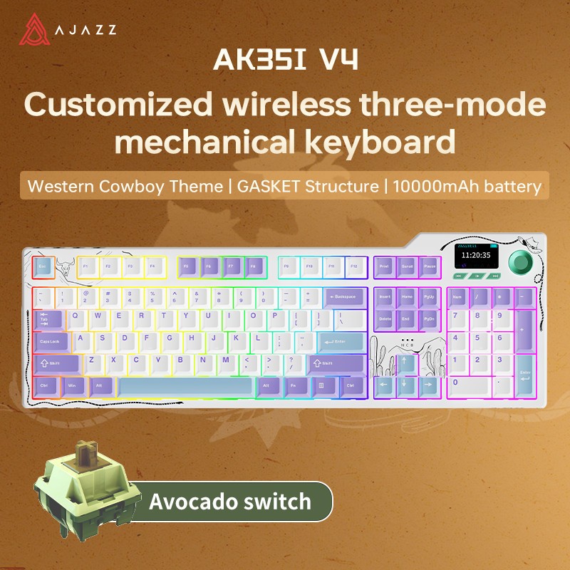 ใหม่ Ajazz AK35I V4 Tri-mode คีย์บอร์ดไร้สาย RGB พร้อมปะเก็นจอแสดงผลลูกบิด Full Key Hot Swap คีย์บอร