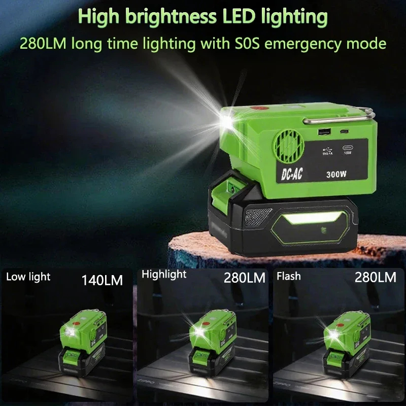 300W มัลติฟังก์ชั่อินเวอร์เตอร์สําหรับ GreenWorks GLB 40V แบตเตอรี่อินเวอร์เตอร์อะแดปเตอร์ 120 V/220-230 V Power Bank พร้อมไฟ LED - รูปที่ 2