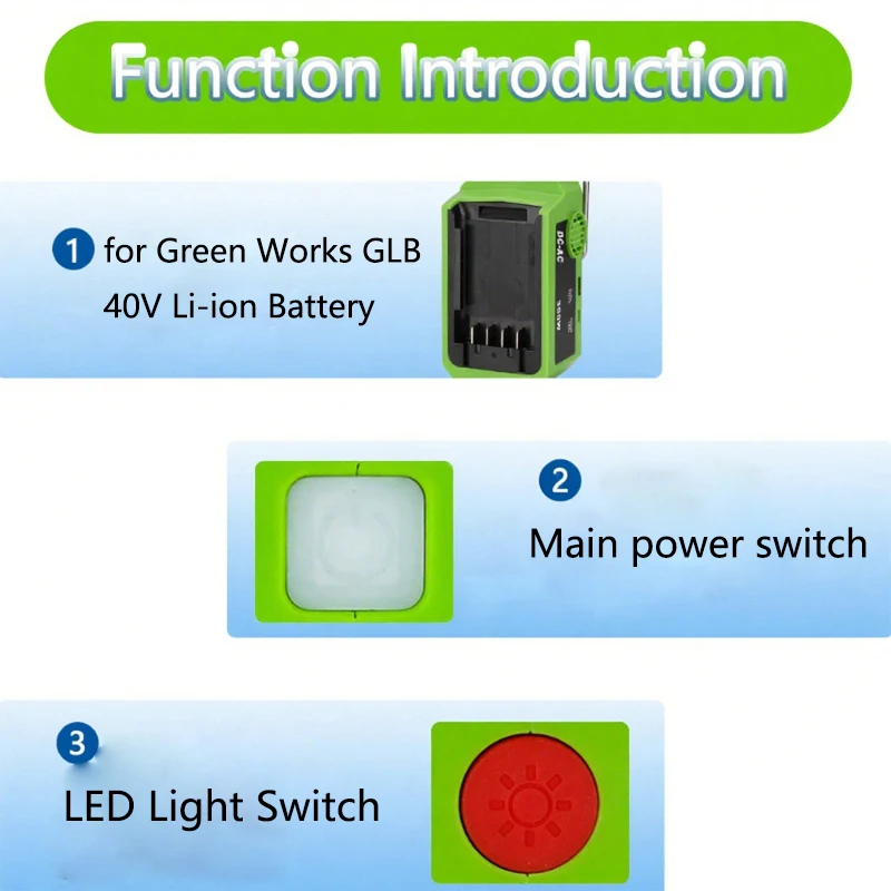 300W มัลติฟังก์ชั่อินเวอร์เตอร์สําหรับ GreenWorks GLB 40V แบตเตอรี่อินเวอร์เตอร์อะแดปเตอร์ 120 V/220-230 V Power Bank พร้อมไฟ LED - รูปที่ 7