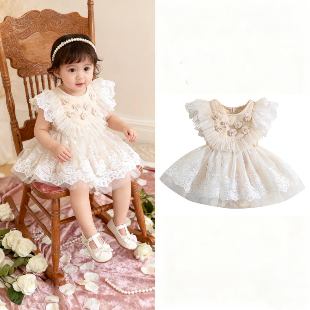 ​ชุดรอมเปอร์เด็กผู้หญิง Fly Sleeve ลูกเรือคอดอกไม้ลูกไม้ Tulle Patchwork A-line Dress