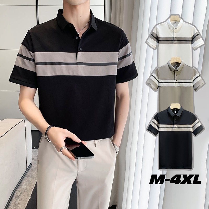M - 4XL เสื้อโปโลแขนสั้น สีดำ สีขาว  ผ้าฝ้าย 100% ลายทาง ระบายอากาศ ทรงหลวม สไตล์เกาหลี คลาสสิก สําหรับผู้ชาย