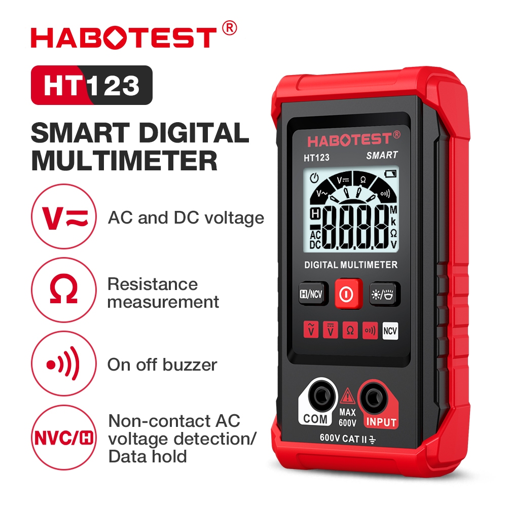HABOTEST HT123 มัลติมิเตอร์แบบดิจิตอล AC/DC 600V 4000 นับความแม่นยําสูง Anti-Burning สมาร์ทมัลติมิเตอร์การตรวจจับแรงดันไฟฟ้า AC แบบไม่สัมผัสหน้าจอปิดอัตโนมัติ