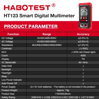 HABOTEST HT123 มัลติมิเตอร์แบบดิจิตอล AC/DC 600V 4000 นับความแม่นยําสูง Anti-Burning สมาร์ทมัลติมิเตอร์การตรวจจับแรงดันไฟฟ้า AC แบบไม่สัมผัสหน้าจอปิดอัตโนมัติ