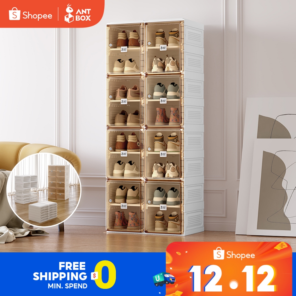 ANTBOX กล่องใส่รองเท้า 2 แถว ติดตั้งง่าย พับเก็บได้ มีหลายช่องเก็บ แข็งแรงทนทาน ประตูแม่เหล็ก