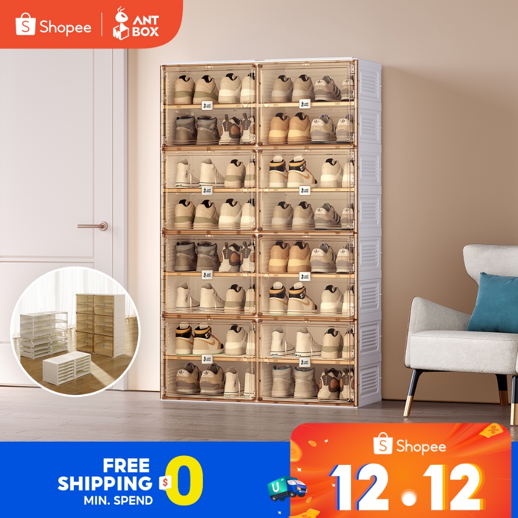 ANTBOX 40 คู่ ตู้รองเท้า ชั้นวางรองเท้า สามารถซ้อนได้หลายชั้น ตู้รองเท้ากันน้ํานอกบ้าน โปร่งใส แข็งแ